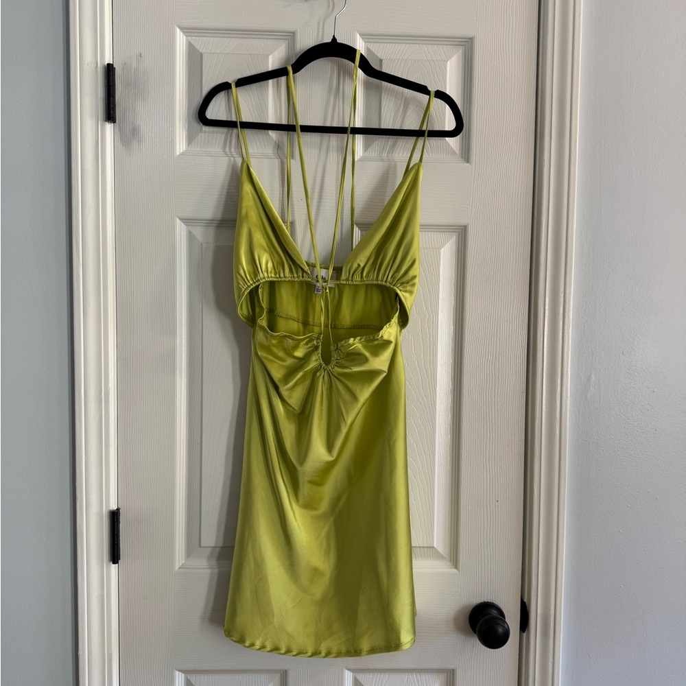 Lime Green Satin Strappy Mini Dress